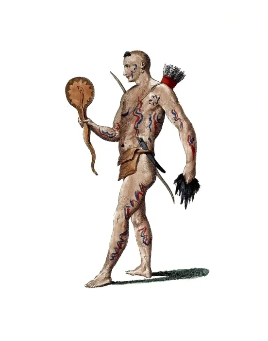 Framed Print : Historical clothing, fashion through the ages, A Native American living in northwest Louisiana in 1741, America, digitally restored reproduction of an 18th / 19th century original, exact date unknown, Indigenous warrior with tattoos
