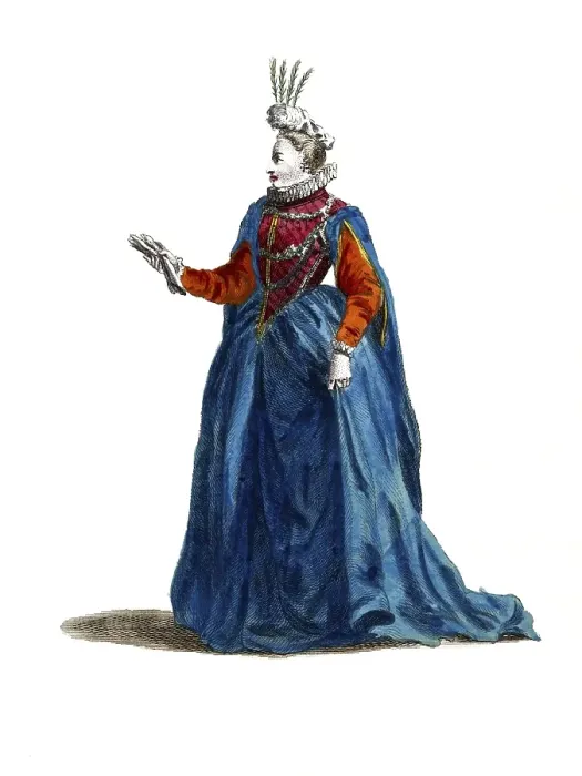 Framed Print : Historical clothing, fashion through the ages, style of dress of a lady of rank in France in 1581, digitally restored reproduction of a model from the 18th / 19th century, exact date unknown