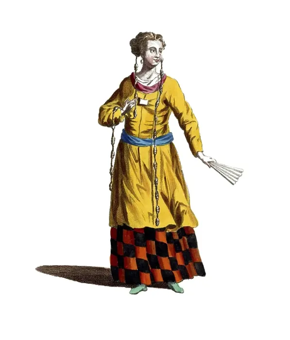 Framed Print : Historical clothing, fashion through the ages, traditional costume of a noble Tartar woman, around 1667, digitally restored reproduction of a model from the 18th / 19th century, exact date unknown, woman in yellow dress with checked skirt