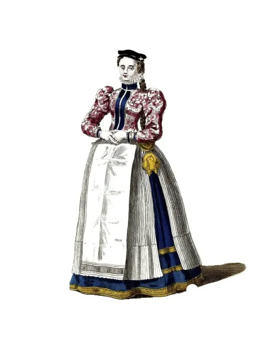 Framed Print : Historical clothing, fashion through the ages, traditional traditional costume of a woman from Nuremberg around 1577, Germany, digitally restored reproduction of a model from the 18th / 19th century, exact date unknown