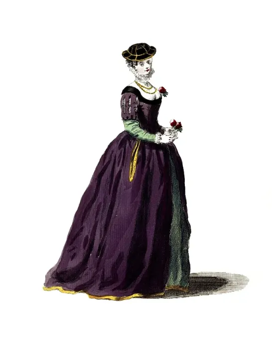 Framed Print : Historical clothing, fashion through the ages, style of dress of an English lady of standing in 1577, England, digitally restored reproduction of a model from the 18th / 19th century, exact date unknown