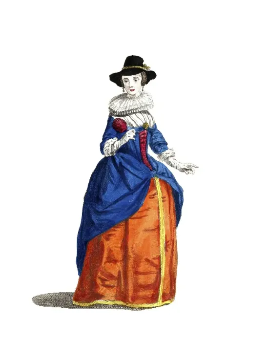 Framed Print : Historical clothing, fashion through the ages, clothing of the Mayoress of London in 1640, digitally restored reproduction of a model from the 18th / 19th century, exact date unknown, Baroque woman in blue and orange striped dress with elegant hat