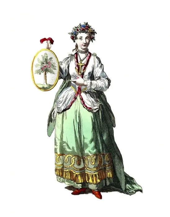 Framed Print : Historical clothing, Fashion through the ages, Hope, symbolic representation by a woman in 18th century clothing, digitally restored reproduction of a model from the 18th / 19th century, exact date unknown