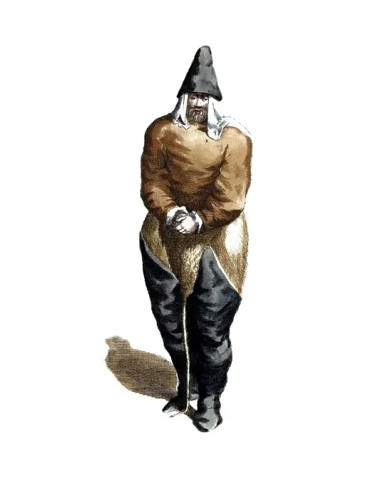 Framed Print : Historical clothing, fashion in the course of time, clothing of a fisherman from Greenland in 1626, digitally restored reproduction of a model from the 18th / 19th century, exact date unknown, man in dark costume with large black hat