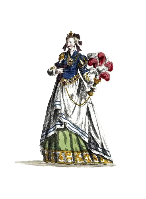 Framed Print : Historical clothing, fashion in the course of time, traditional costume of a noble woman from Naples in the 18th century, Italy, digitally restored reproduction of a model from the 18th / 19th century, exact date unknown