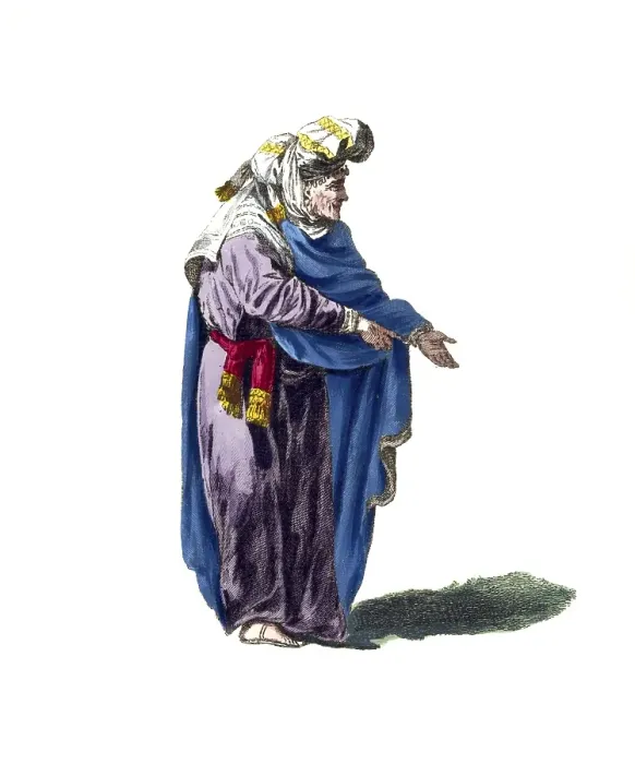 Framed Print : Historical clothing, fashion in the course of time, clothing of a Russian fortune teller in 1764, Russia, digitally restored reproduction of a model from the 18th / 19th century, exact date unknown, older woman in blue and purple robe with headscarf