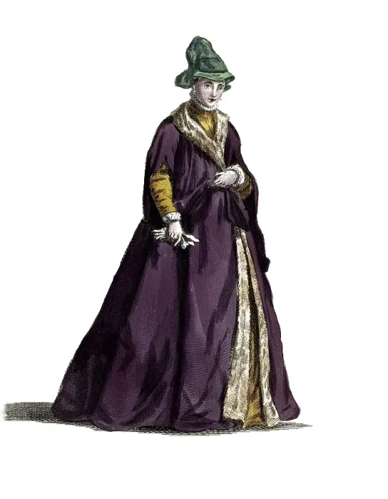 Framed Print : Historical clothing, fashion in the course of time, clothing of a noble lady from Sweden, around 1580, digitally restored reproduction of a model from the 18th / 19th century, exact date unknown, woman in simple dark purple dress with green hat