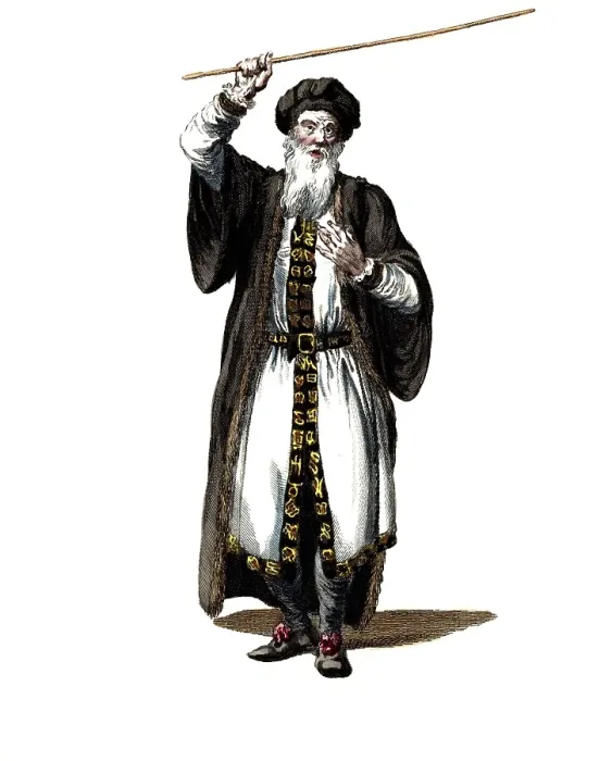 Framed Print : Historical clothing, fashion over the course of time, clothing of Merlin, a well-known bard, seer and wizard from the Arthurian cycle, digitally restored reproduction of a model from the 18th / 19th century, exact date unknown