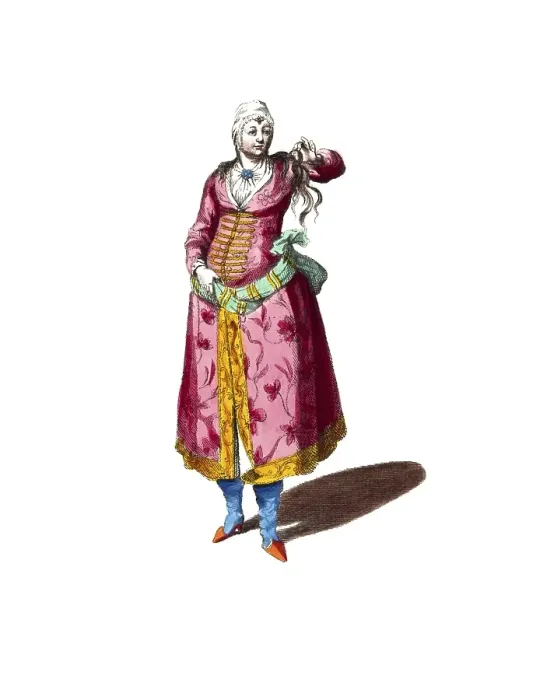 Framed Print : Historical clothing, fashion in the course of time, clothing of a Persian lady around 1700, Persia, digitally restored reproduction of a model from the 18th / 19th century, exact date unknown, woman in elaborate traditional clothing, in a pose