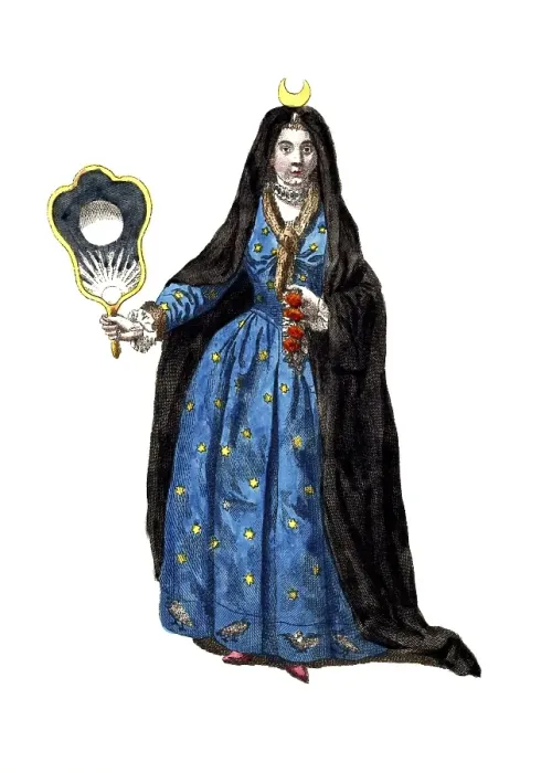 Framed Print : Historical clothing, fashion in the course of time, night, symbolic representation by a woman in 18th century clothing, digitally restored reproduction of an 18th / 19th century model, exact date unknown