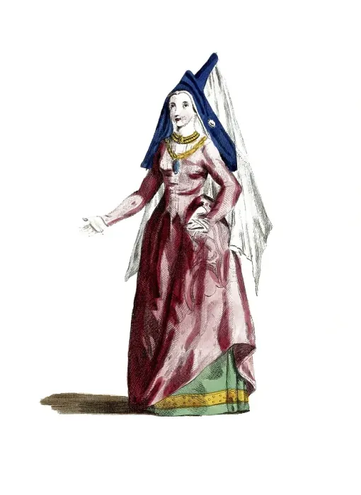 Framed Print : Historical clothing, fashion over time, style of dress of a countess of Holland and Zeeland in 1480, digitally restored reproduction of a model from the 18th / 19th century, exact date unknown, woman with decorative hat and pink dress