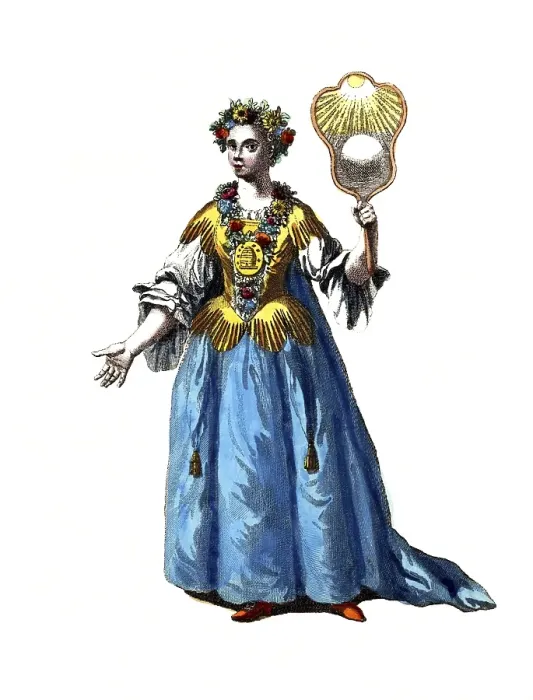Framed Print : Historical clothing, fashion over time, woman, symbolising the concept of day, with a sun, 18th century, digitally restored reproduction of an 18th / 19th century model, exact date unknown, woman with flowers in her hair and mirror, artistic depiction Framed Print : Historical clothing, fashion over time, woman, symbolising the concept of day, with a sun, 18th century, digitally restored reproduction of an 18th / 19th century model, exact date unknown, woman with flowers in her hair and mirror, artistic depiction