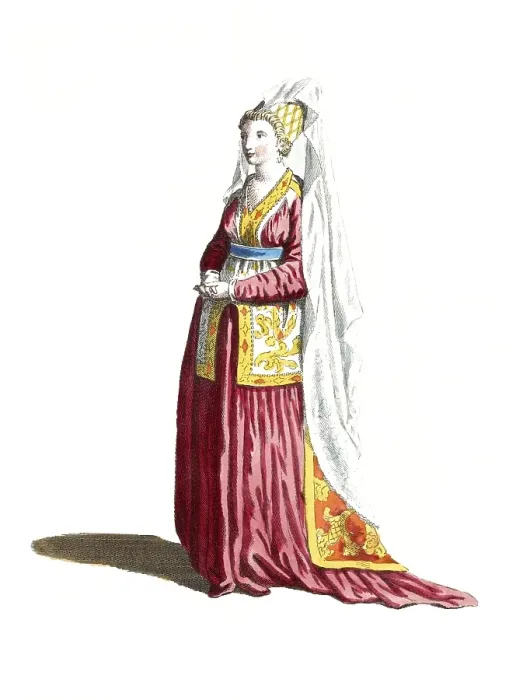 Framed Print : Historical clothing, fashion over time, clothing of a noble lady from Syria in 1581, digitally restored reproduction of a model from the 18th / 19th century, exact date unknown, woman standing in a magnificent red and yellow dress with a long veil Framed Print : Historical clothing, fashion over time, clothing of a noble lady from Syria in 1581, digitally restored reproduction of a model from the 18th / 19th century, exact date unknown, woman standing in a magnificent red and yellow dress with a long veil