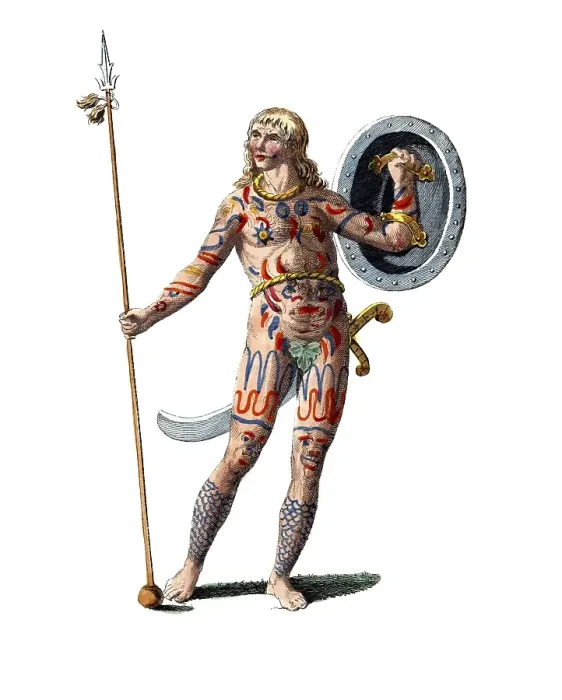 Framed Print : Historical clothing, fashion over time, clothing of a Picts around 1757, Scotland, digitally restored reproduction of an 18th / 19th century model, exact date unknown, A painted warrior in exotic clothing with spear and shield and tattoo