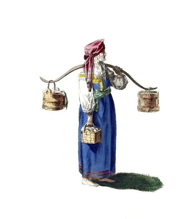 Framed Print : Historical clothing, fashion over time, clothing of a market woman from Russia in 1764, digitally restored reproduction of a model from the 18th / 19th century, exact date unknown