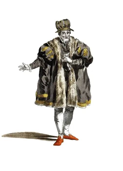 Framed Print : Historical clothing, fashion over time, clothing of a Leipzig senator in 1577, Germany, digitally restored reproduction of an 18th / 19th century model, exact date unknown, man in historical costume with fur coat and cap on white background, Europe