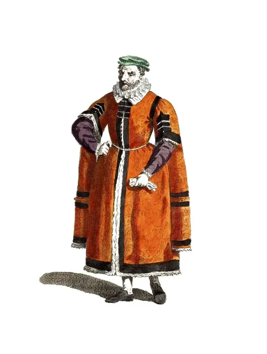 Framed Print : Historical clothing, fashion over time, traditional costume of a wealthy merchant in London in 1588, England, digitally restored reproduction of a model from the 18th / 19th century, exact date unknown, man in red robe and green cap