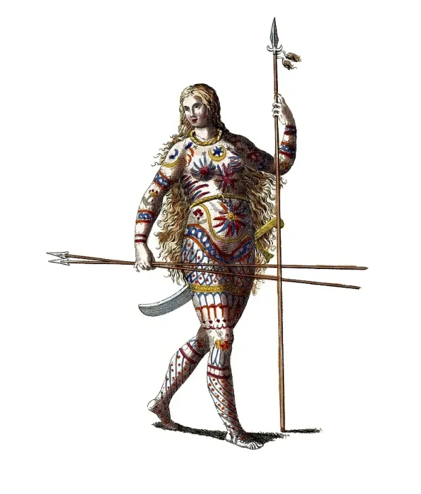 Framed Print : Historical clothing, fashion over time, clothing of a woman of the Picts, indigenous people in Scotland, digitally restored reproduction of a model from the 18th / 19th century, exact date unknown, warrior woman with spears in elaborate armour