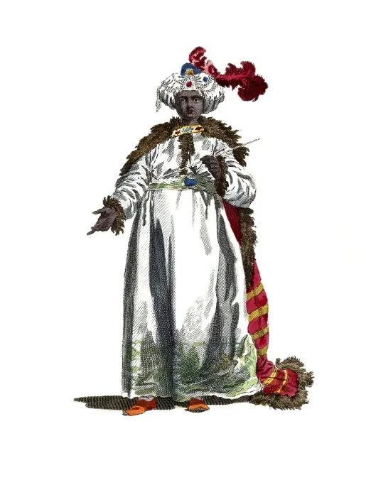 Framed Print : Historical clothing, fashion over time, clothing style of the head of the black eunuchs in 1749, digitally restored reproduction of a model from the 18th / 19th century, exact date unknown, person in oriental robe with white fur and striped scarf