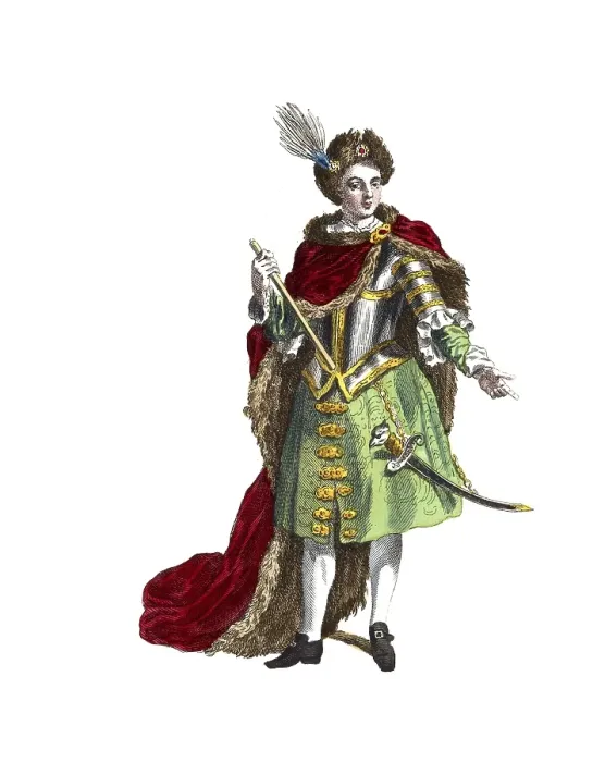 Framed Print : Historical clothing, fashion over time, clothing of the King of Poland and Elector of Saxony in 1700, digitally restored reproduction of an 18th / 19th century model, exact date unknown Framed Print : Historical clothing, fashion over time, clothing of the King of Poland and Elector of Saxony in 1700, digitally restored reproduction of an 18th / 19th century model, exact date unknown