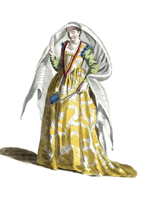 Framed Print : Historical clothing, fashion over time, clothing of a noble lady from Venice in 1583, Italy, digitally restored reproduction of an 18th / 19th century model, exact date unknown, woman in a patterned yellow dress with an elegant headdress, smiling Framed Print : Historical clothing, fashion over time, clothing of a noble lady from Venice in 1583, Italy, digitally restored reproduction of an 18th / 19th century model, exact date unknown, woman in a patterned yellow dress with an elegant headdress, smiling
