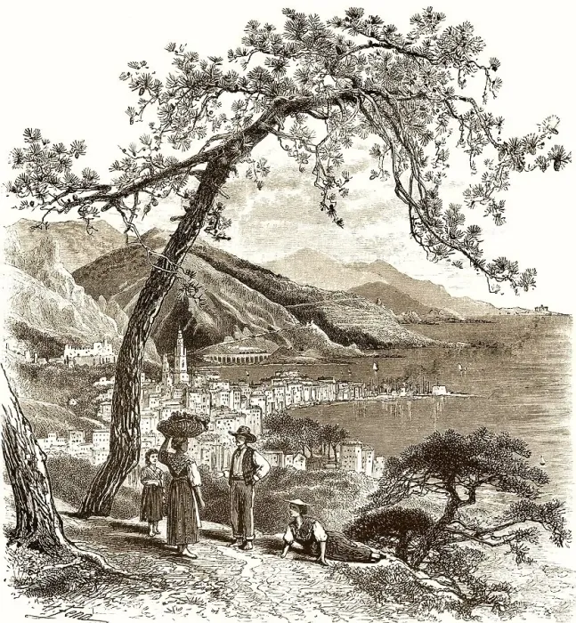 Framed Print : Historical drawing, city of Menton or Mentone Framed Print : Historical drawing, city of Menton or Mentone