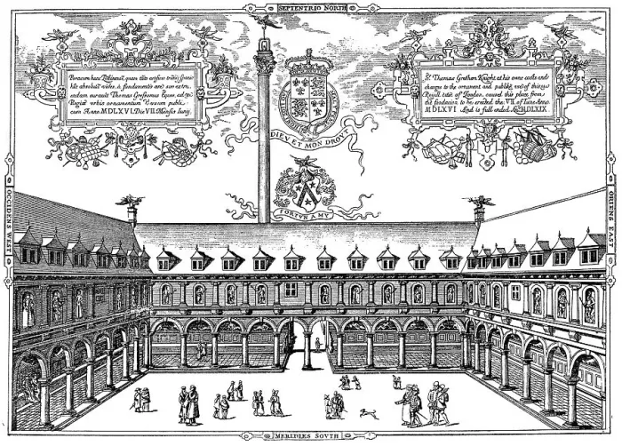 Framed Print : Historical drawing, courtyard of the London stock market in 1569