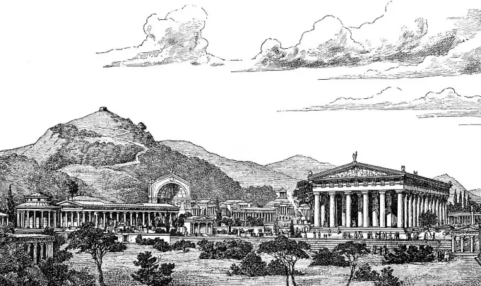Framed Print : Historical drawing of the festival site at Olympia in ancient Greece Framed Print : Historical drawing of the festival site at Olympia in ancient Greece