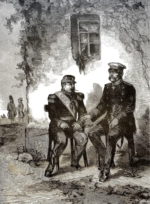 Framed Print : Historical drawing, meeting between Otto von Bismarck and Napoleon III to surrender on 2 September 1870
