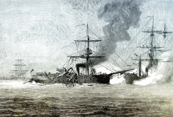 Framed Print : Historical drawing, Naval Battle of the steam gunboat of the Chamaeleon-class Meteor