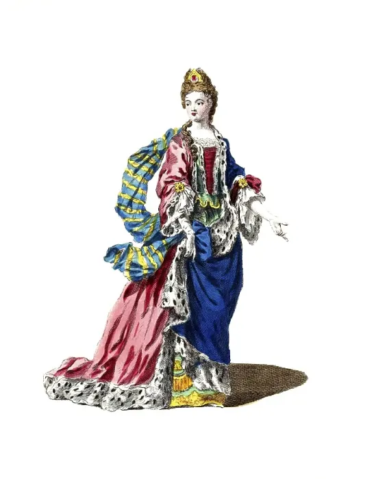 Framed Print : Historical dress, fashion over time, dress of the Princess of Conty 1700, Louise Elisabeth de Bourbon (* 22 November 1693 at the Palace of Versailles, Versailles, † 27 May 1775 at the Hotel de Conti, Paris), a French high noblewoman
