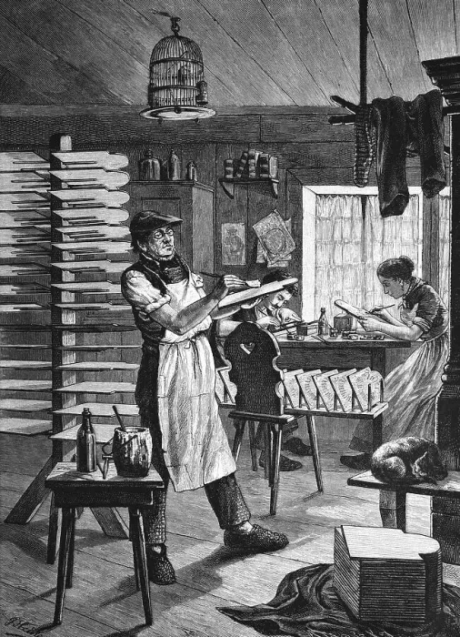 Framed Print : Historical engraving, Black Forest clock face painters during watchmaking Framed Print : Historical engraving, Black Forest clock face painters during watchmaking