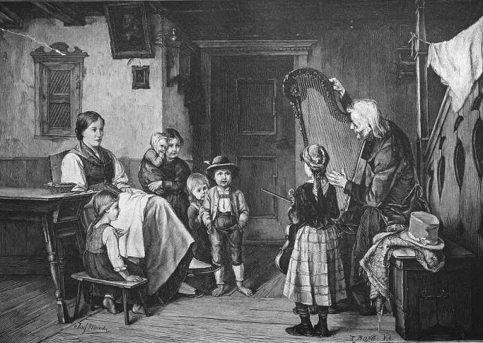 Framed Print : Historical engraving, house music with harp player