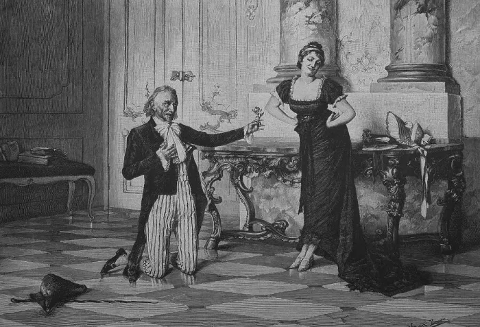 Framed Print : Historical engraving, man proposing to a woman Framed Print : Historical engraving, man proposing to a woman