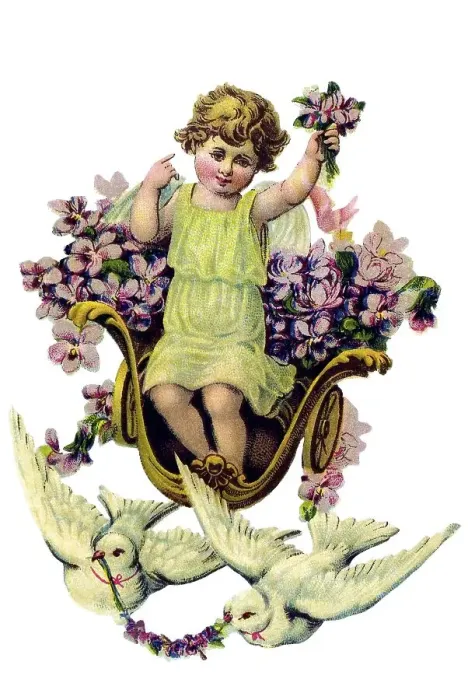 Framed Print : Historical illustration, child angel holding a bunch of violets