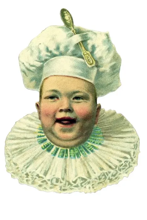 Framed Print : Historical illustration, laughing baby's head with chef's hat