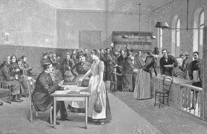 Framed Print : Historical illustration of a situation in the Savings Bank Berlin Framed Print : Historical illustration of a situation in the Savings Bank Berlin