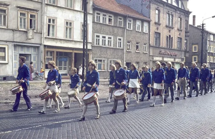 Framed Print : Historical image 1960s or 1970s of a parade in lockstep of the FDJ Freie Deutsche Jugend