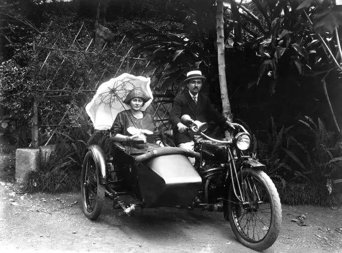 Framed Print : Historical image, couple on a motorcycle with sidecar Framed Print : Historical image, couple on a motorcycle with sidecar