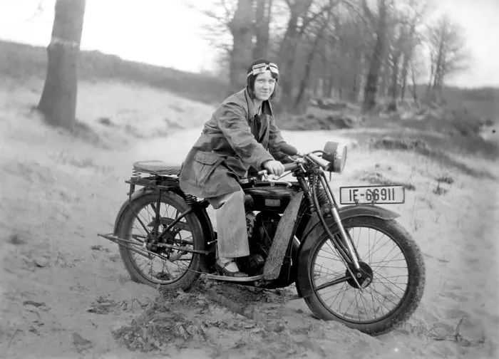 Framed Print : Historical image, woman on a motorcycle, ca. 1922
