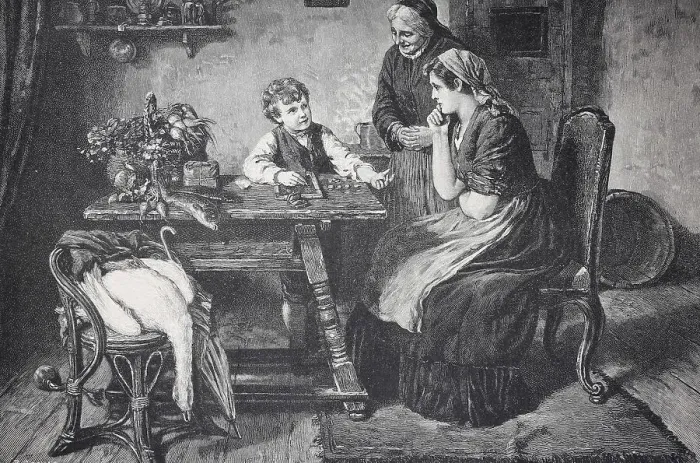 Framed Print : A historical interior with a family consisting of a woman