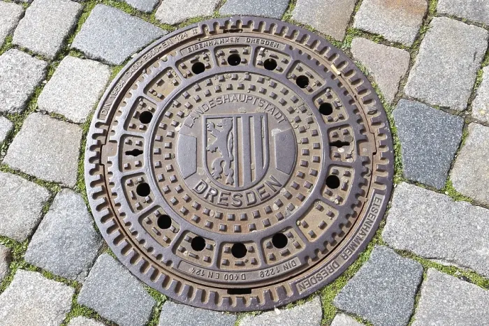 Framed Print : Historical manhole cover with the city Coat of Arms, Dresden, Saxony, Germany, Europe