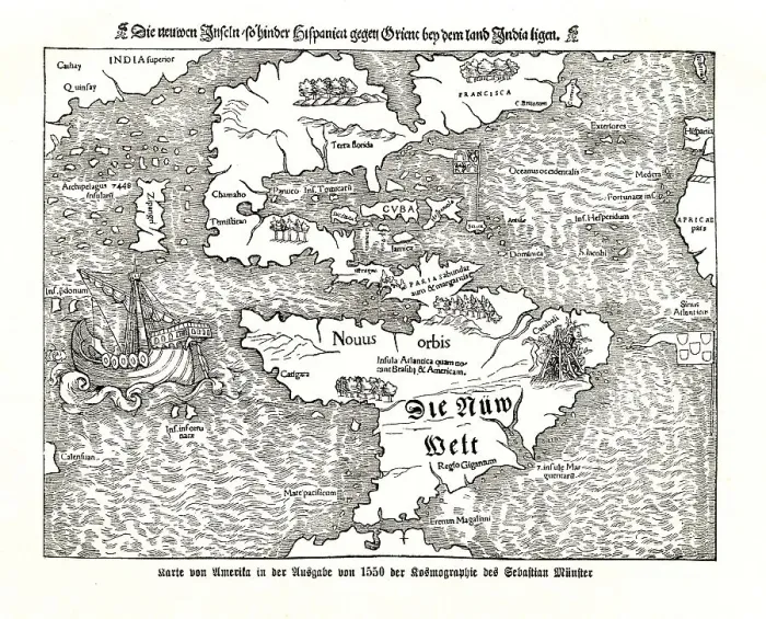 Framed Print : Historical map of America in the 1550 edition of the Cosmography of Sebastian Muenster