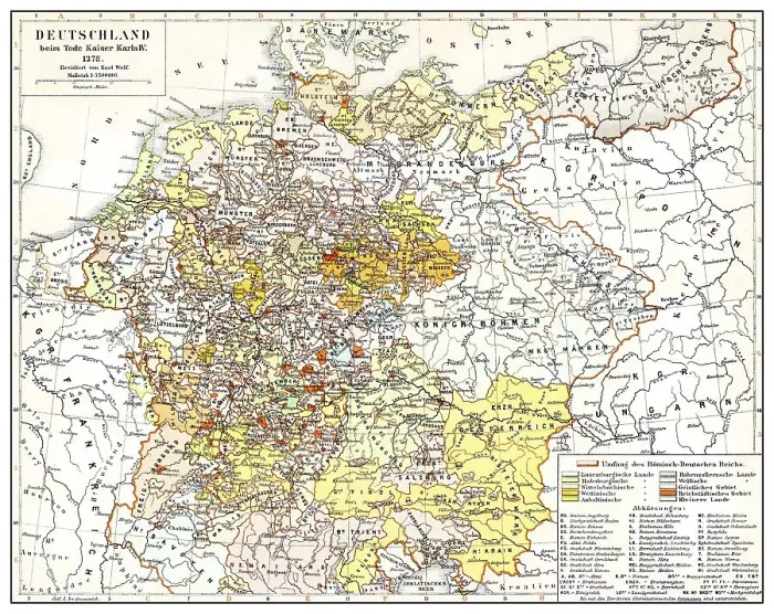 Framed Print : Historical map of Germany and Europe after the death of Emperor Charles IV