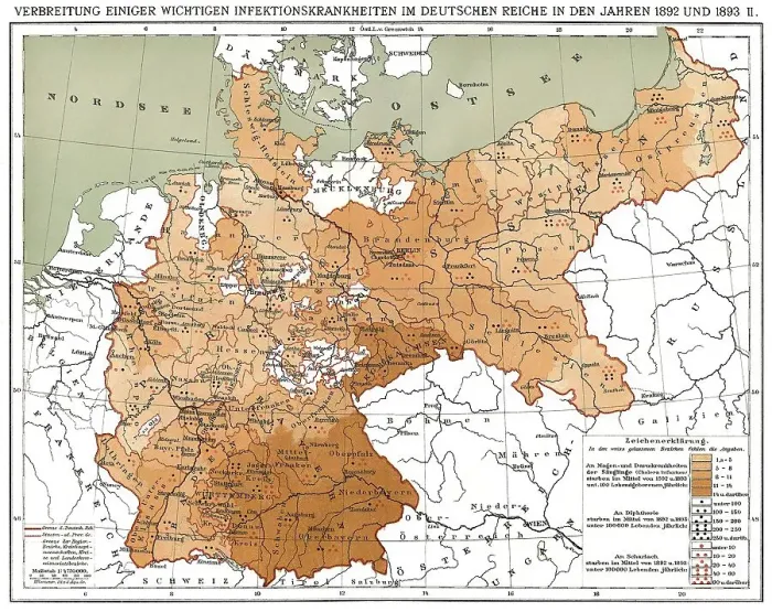 Framed Print : Historical map, spread of infectious diseases in the German Empire in 1892 and 1893 Framed Print : Historical map, spread of infectious diseases in the German Empire in 1892 and 1893