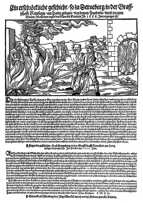 Framed Print : Historical pamphlet for a witch burning from 1555