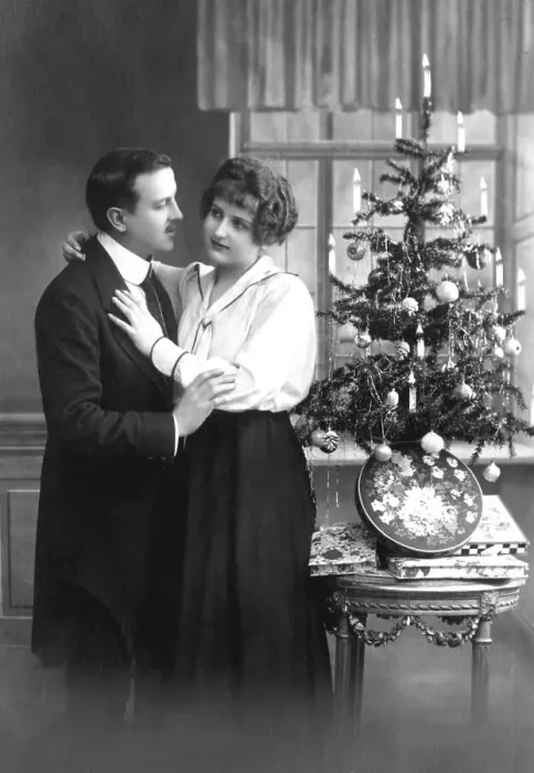 Framed Print : Historical photo, couple with Christmas tree