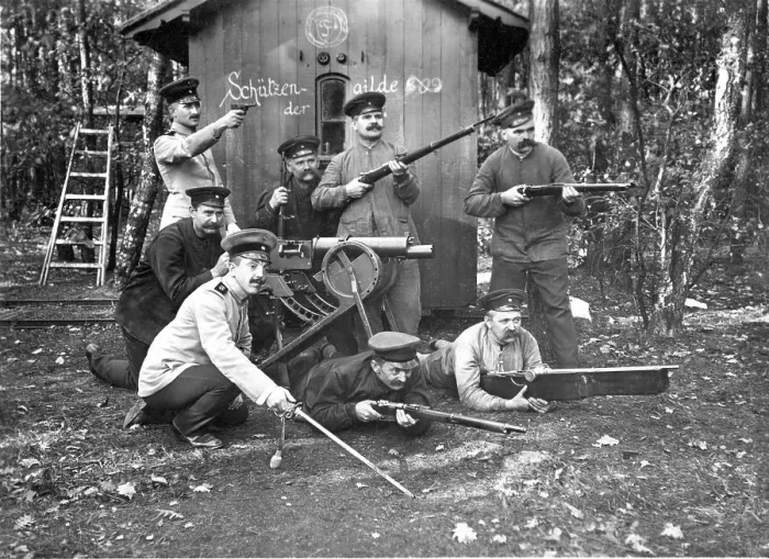 Framed Print : Historical photo, men testing rifles