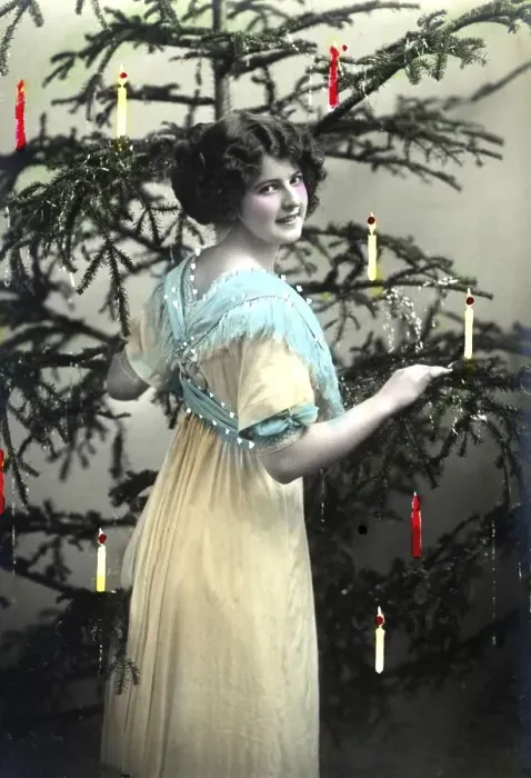 Framed Print : Historical photo, woman with Christmas tree