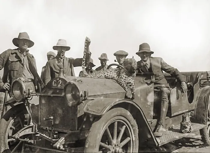 Framed Print : Historical picture, farmers with killed leopard on a car Framed Print : Historical picture, farmers with killed leopard on a car